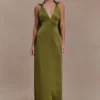 Myla Draped Shoulders Satin Maxi Dress – Khaki