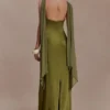 Myla Draped Shoulders Satin Maxi Dress – Khaki