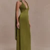 Myla Draped Shoulders Satin Maxi Dress – Khaki
