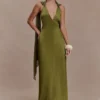 Myla Draped Shoulders Satin Maxi Dress – Khaki