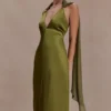 Myla Draped Shoulders Satin Maxi Dress – Khaki