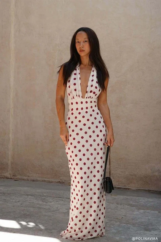 Nadine Halter Chiffon Maxi Dress – Ivory/Merlot Polka Dot Nadine Halter Chiffon Maxi Dress – Ivory/Merlot Polka Dot