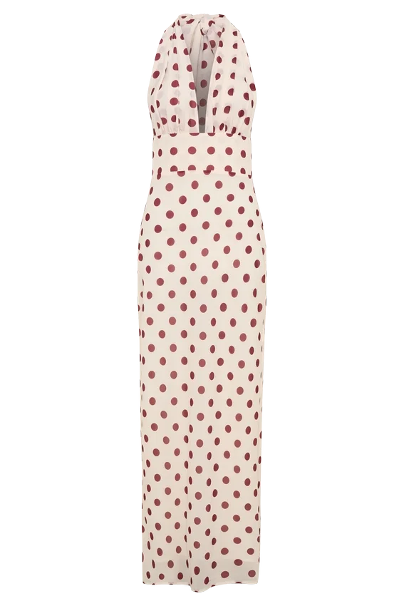 Nadine Halter Chiffon Maxi Dress – Ivory/Merlot Polka Dot Nadine Halter Chiffon Maxi Dress – Ivory/Merlot Polka Dot