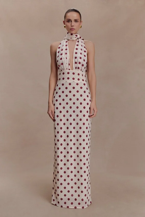 Nadine Halter Chiffon Maxi Dress – Ivory/Merlot Polka Dot Nadine Halter Chiffon Maxi Dress – Ivory/Merlot Polka Dot