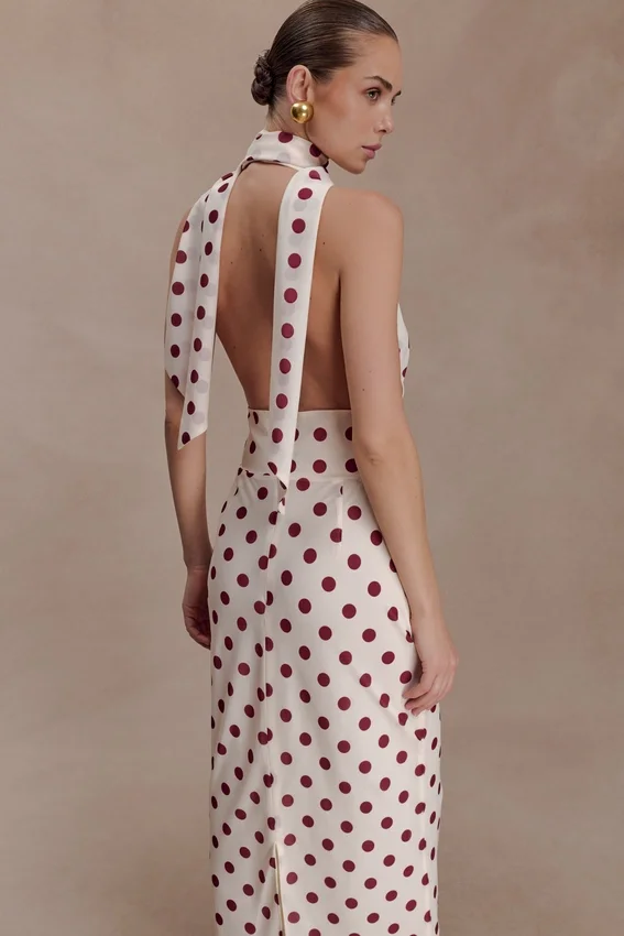 Nadine Halter Chiffon Maxi Dress – Ivory/Merlot Polka Dot Nadine Halter Chiffon Maxi Dress – Ivory/Merlot Polka Dot