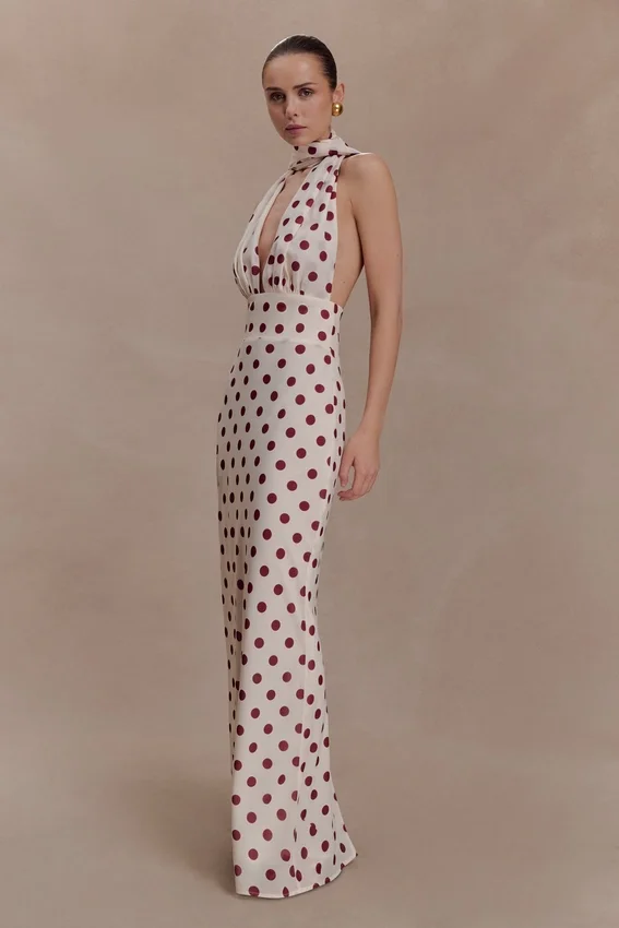Nadine Halter Chiffon Maxi Dress – Ivory/Merlot Polka Dot Nadine Halter Chiffon Maxi Dress – Ivory/Merlot Polka Dot