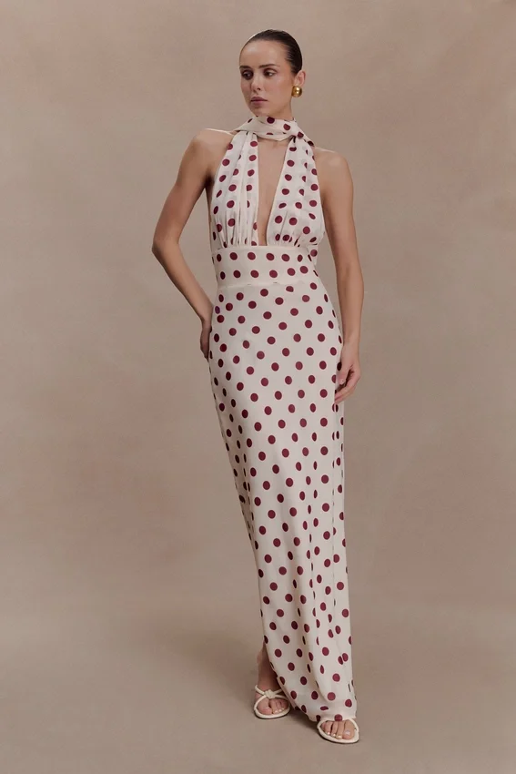 Nadine Halter Chiffon Maxi Dress – Ivory/Merlot Polka Dot Nadine Halter Chiffon Maxi Dress – Ivory/Merlot Polka Dot