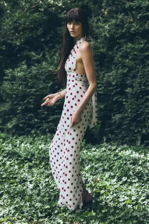 Nadine Halter Chiffon Maxi Dress – Ivory/Merlot Polka Dot Nadine Halter Chiffon Maxi Dress – Ivory/Merlot Polka Dot
