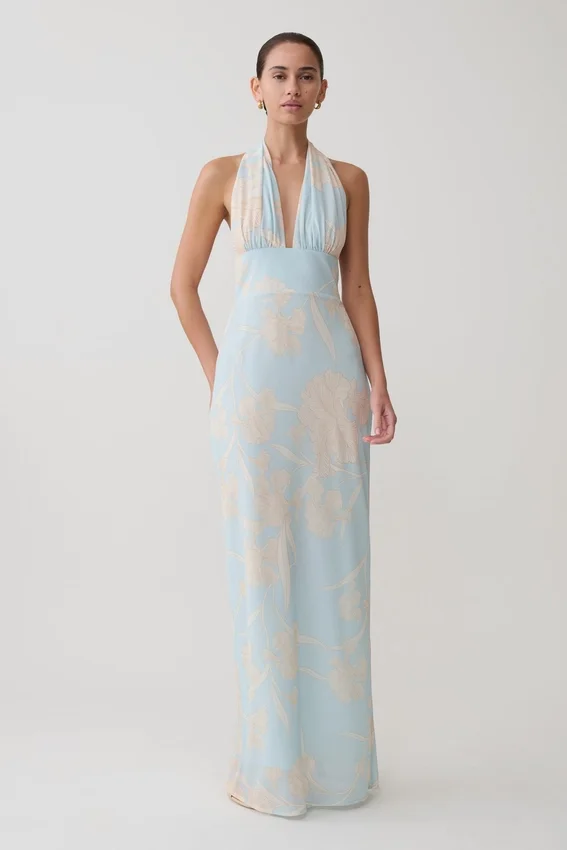 Nadine Halter Scarf Chiffon Maxi Dress – Blue Floral Print Nadine Halter Scarf Chiffon Maxi Dress – Blue Floral Print