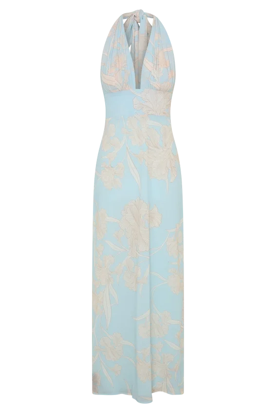 Nadine Halter Scarf Chiffon Maxi Dress – Blue Floral Print Nadine Halter Scarf Chiffon Maxi Dress – Blue Floral Print
