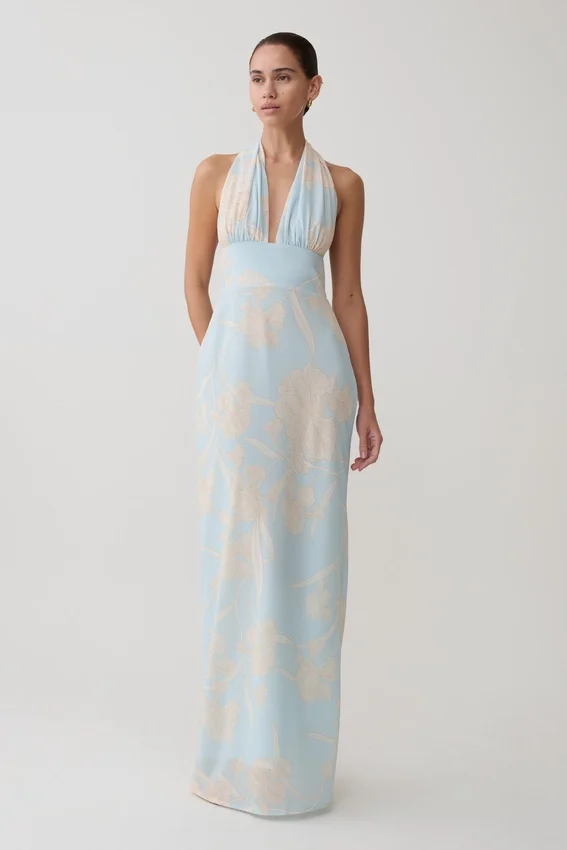 Nadine Halter Scarf Chiffon Maxi Dress – Blue Floral Print Nadine Halter Scarf Chiffon Maxi Dress – Blue Floral Print