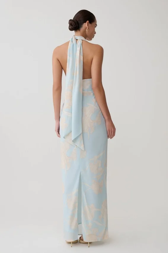 Nadine Halter Scarf Chiffon Maxi Dress – Blue Floral Print Nadine Halter Scarf Chiffon Maxi Dress – Blue Floral Print
