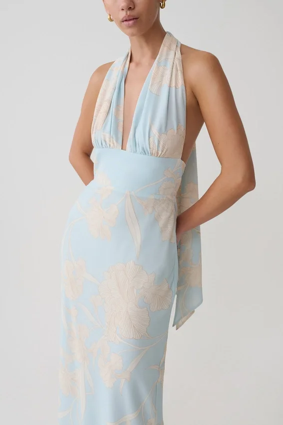 Nadine Halter Scarf Chiffon Maxi Dress – Blue Floral Print Nadine Halter Scarf Chiffon Maxi Dress – Blue Floral Print