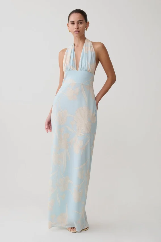 Nadine Halter Scarf Chiffon Maxi Dress – Blue Floral Print Nadine Halter Scarf Chiffon Maxi Dress – Blue Floral Print