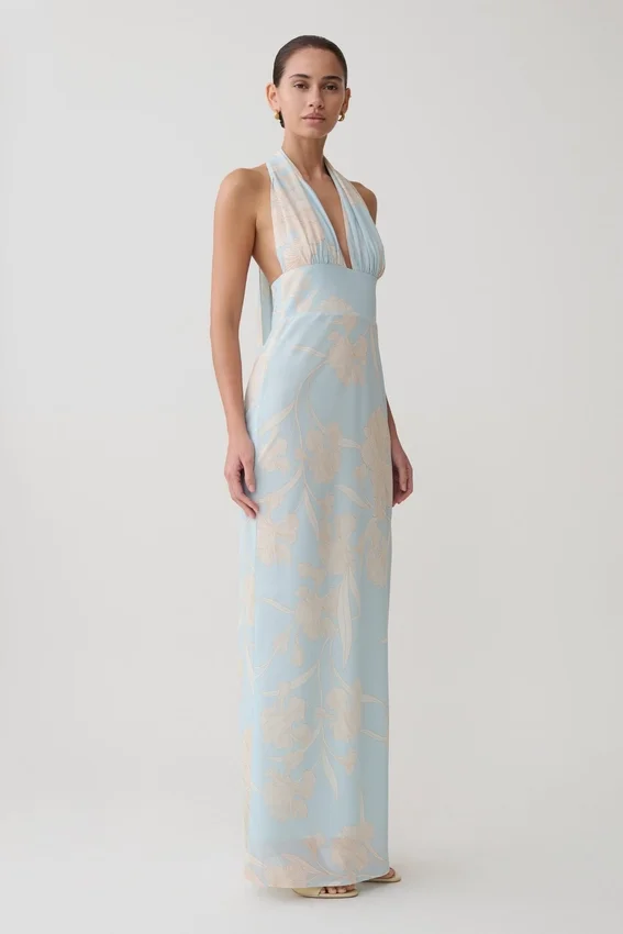 Nadine Halter Scarf Chiffon Maxi Dress – Blue Floral Print Nadine Halter Scarf Chiffon Maxi Dress – Blue Floral Print