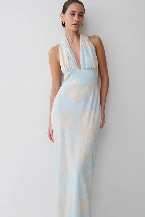 Nadine Halter Scarf Chiffon Maxi Dress – Blue Floral Print Nadine Halter Scarf Chiffon Maxi Dress – Blue Floral Print