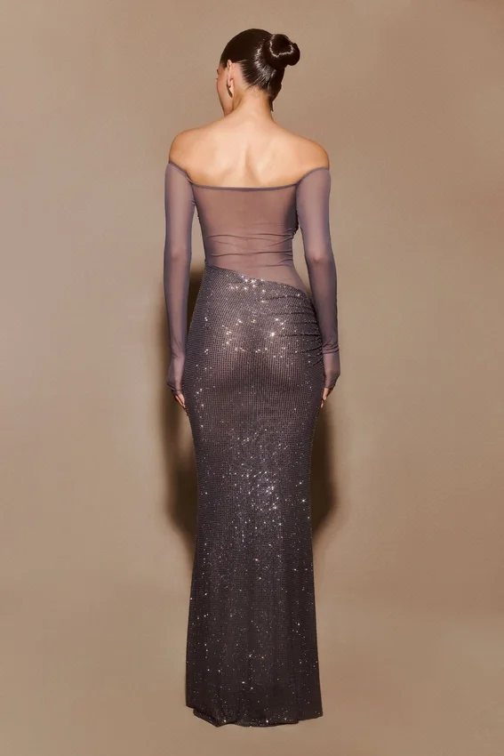 Nash Diamante Off Shoulder Maxi Dress – Gunmetal Nash Diamante Off Shoulder Maxi Dress – Gunmetal