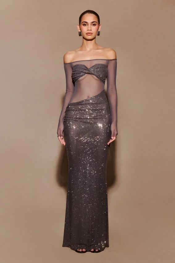 Nash Diamante Off Shoulder Maxi Dress – Gunmetal Nash Diamante Off Shoulder Maxi Dress – Gunmetal
