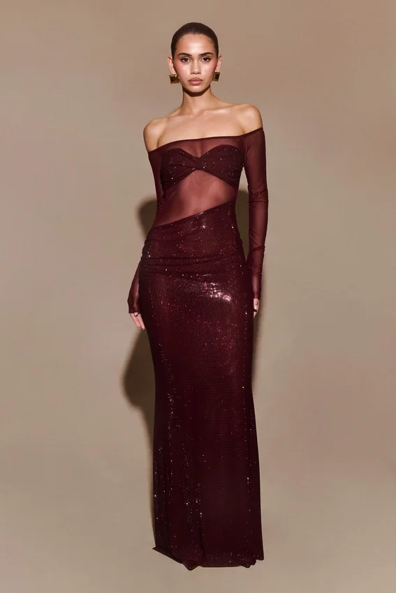 Nash Diamante Off Shoulder Maxi Dress – Mahogany Nash Diamante Off Shoulder Maxi Dress – Mahogany