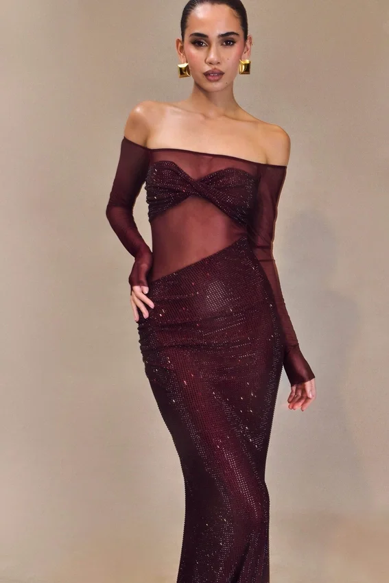 Nash Diamante Off Shoulder Maxi Dress – Mahogany Nash Diamante Off Shoulder Maxi Dress – Mahogany