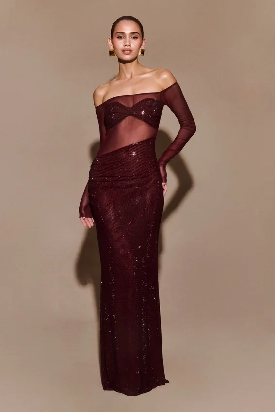 Nash Diamante Off Shoulder Maxi Dress – Mahogany Nash Diamante Off Shoulder Maxi Dress – Mahogany