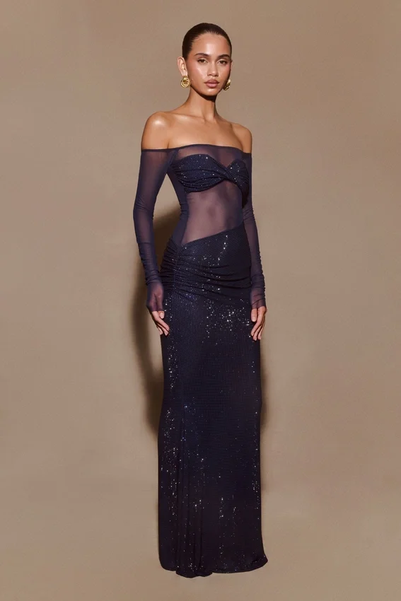 Nash Diamante Off Shoulder Maxi Dress – Navy Nash Diamante Off Shoulder Maxi Dress – Navy