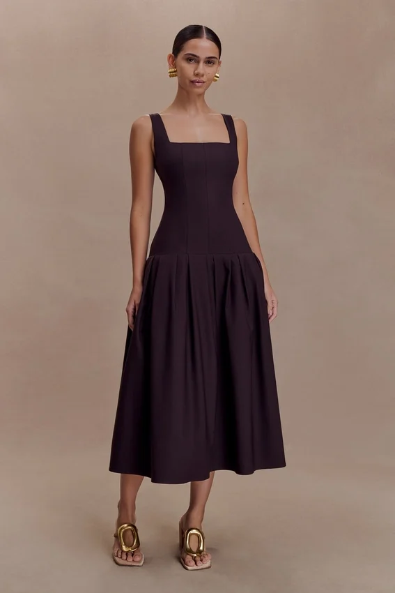 Natascha Drop Waist Cotton Midi Dress – Chocolate Natascha Drop Waist Cotton Midi Dress – Chocolate