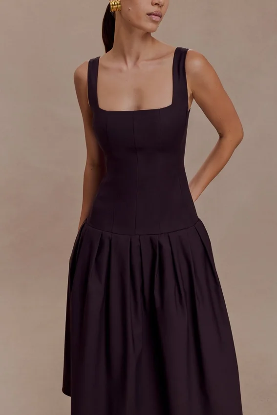 Natascha Drop Waist Cotton Midi Dress – Chocolate Natascha Drop Waist Cotton Midi Dress – Chocolate