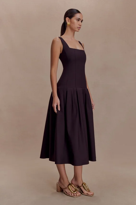 Natascha Drop Waist Cotton Midi Dress – Chocolate Natascha Drop Waist Cotton Midi Dress – Chocolate