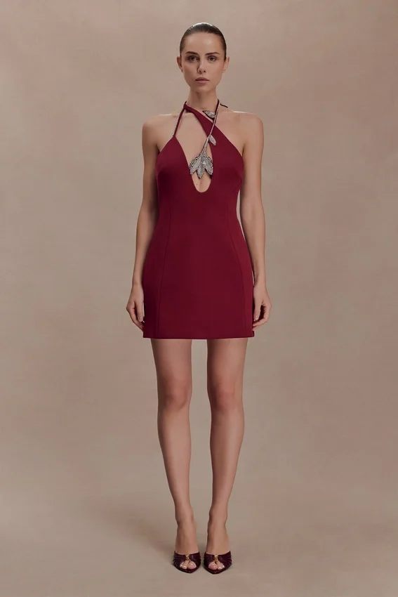 Nathalie Halter Neck Floral Mini Dress – Merlot Nathalie Halter Neck Floral Mini Dress – Merlot