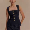 Neve Sleeveless Buttoned Denim Top – Washed Indigo Blue