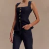 Neve Sleeveless Buttoned Denim Top – Washed Indigo Blue