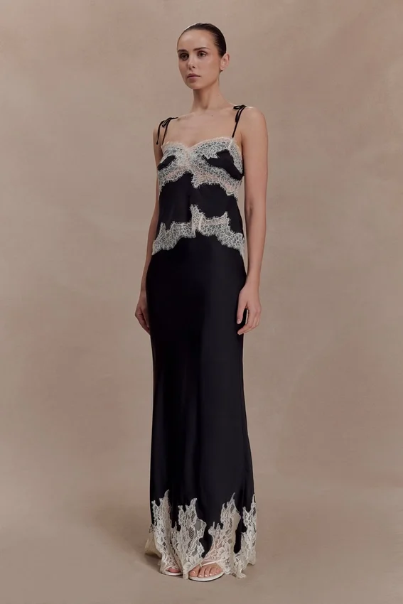 Nina Satin And Lace Maxi Skirt – Black/Ivory Nina Satin And Lace Maxi Skirt – Black/Ivory