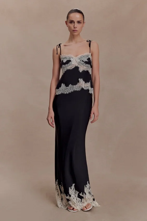 Nina Satin And Lace Maxi Skirt – Black/Ivory Nina Satin And Lace Maxi Skirt – Black/Ivory