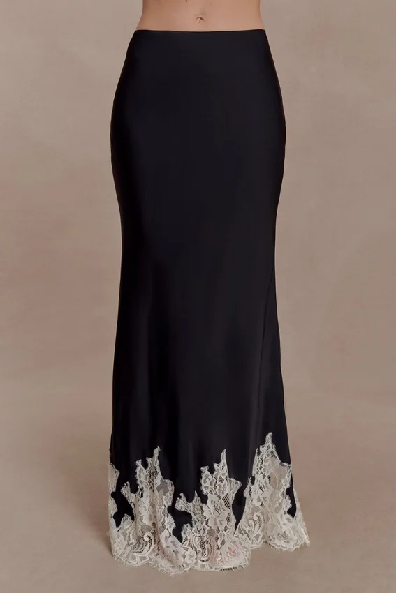 Nina Satin And Lace Maxi Skirt – Black/Ivory Nina Satin And Lace Maxi Skirt – Black/Ivory