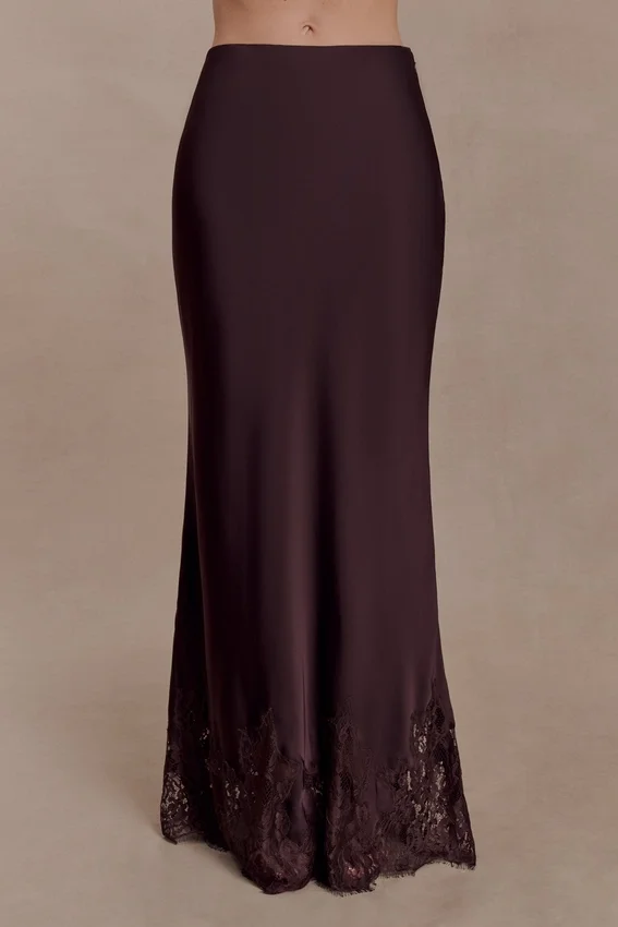 Nina Satin And Lace Maxi Skirt – Chocolate Nina Satin And Lace Maxi Skirt – Chocolate