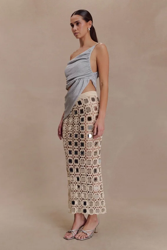 Noel Mirror Knit Midi Skirt – Beige Noel Mirror Knit Midi Skirt – Beige