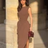 Nola Shirred Asymmetric Midi Dress – Mocha Nola Shirred Asymmetric Midi Dress – Mocha