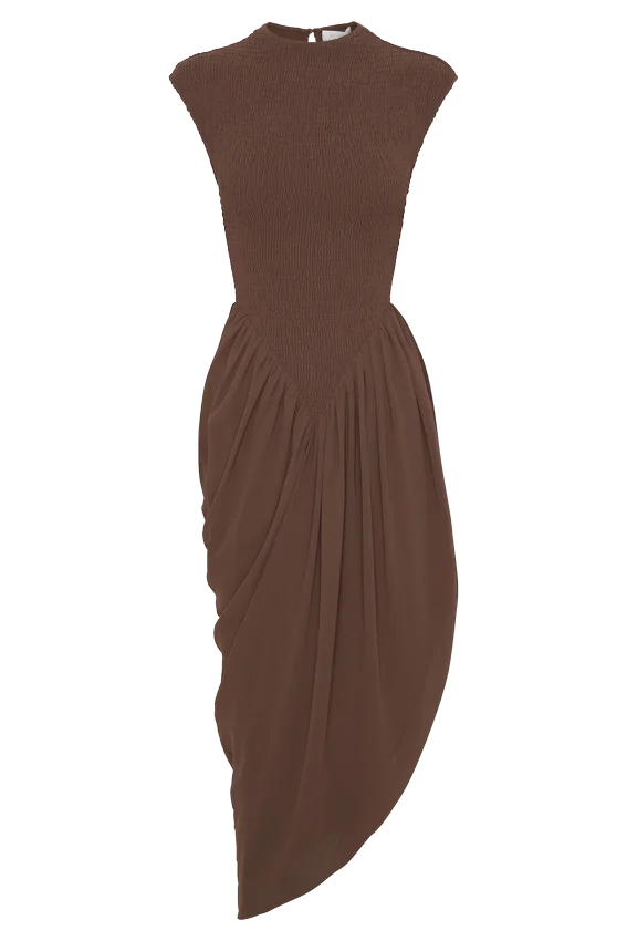 Nola Shirred Asymmetric Midi Dress – Mocha Nola Shirred Asymmetric Midi Dress – Mocha