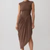 Nola Shirred Asymmetric Midi Dress – Mocha Nola Shirred Asymmetric Midi Dress – Mocha