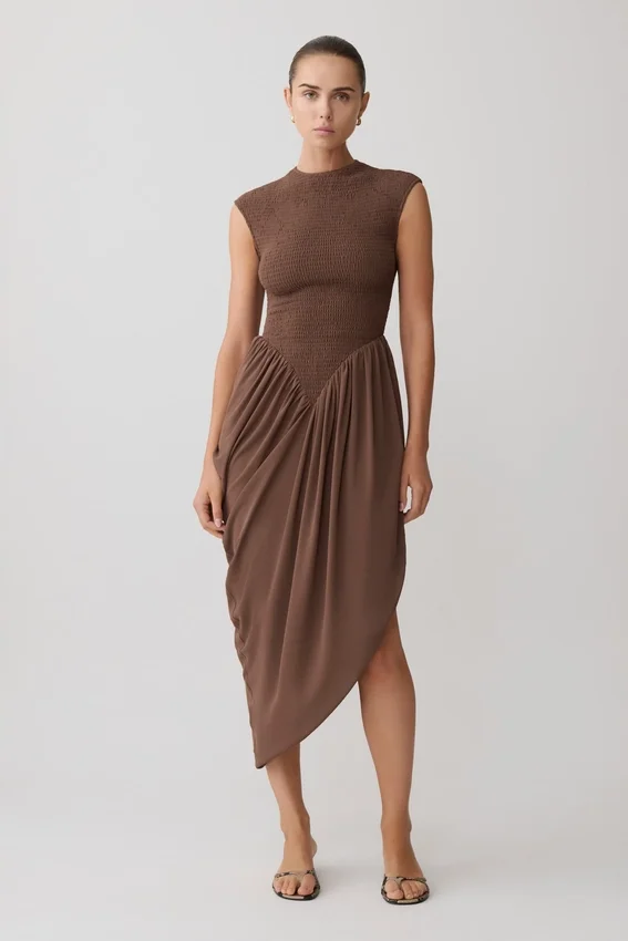 Nola Shirred Asymmetric Midi Dress – Mocha Nola Shirred Asymmetric Midi Dress – Mocha