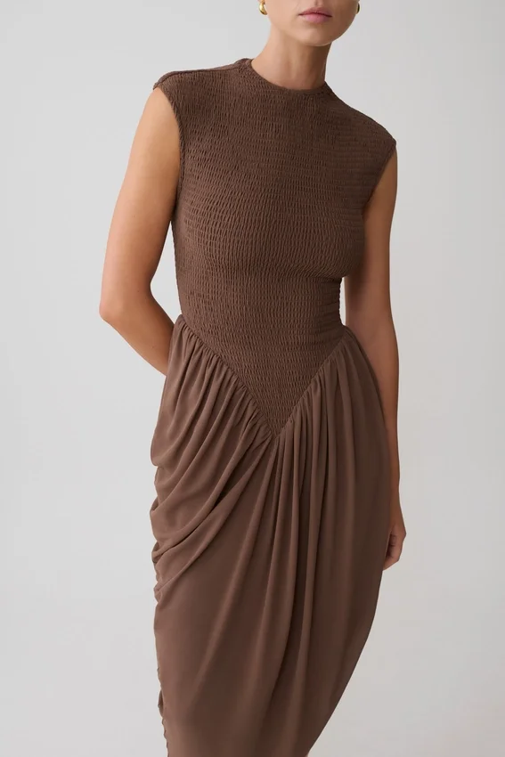 Nola Shirred Asymmetric Midi Dress – Mocha Nola Shirred Asymmetric Midi Dress – Mocha