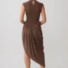 Nola Shirred Asymmetric Midi Dress – Mocha Nola Shirred Asymmetric Midi Dress – Mocha