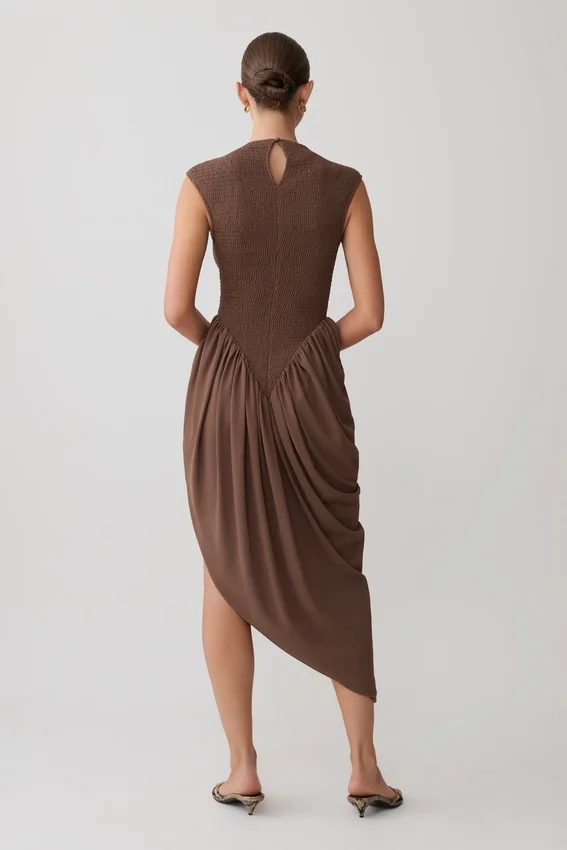 Nola Shirred Asymmetric Midi Dress – Mocha Nola Shirred Asymmetric Midi Dress – Mocha