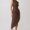 Nola Shirred Asymmetric Midi Dress – Mocha Nola Shirred Asymmetric Midi Dress – Mocha