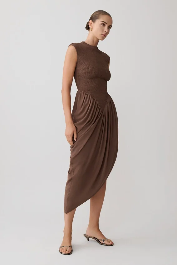 Nola Shirred Asymmetric Midi Dress – Mocha Nola Shirred Asymmetric Midi Dress – Mocha