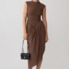 Nola Shirred Asymmetric Midi Dress – Mocha Nola Shirred Asymmetric Midi Dress – Mocha