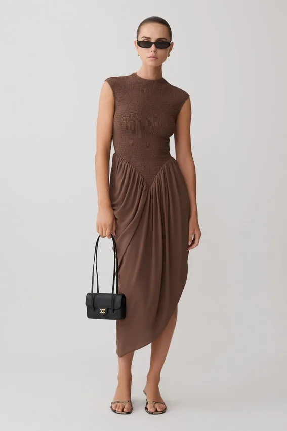 Nola Shirred Asymmetric Midi Dress – Mocha Nola Shirred Asymmetric Midi Dress – Mocha