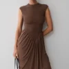 Nola Shirred Asymmetric Midi Dress – Mocha Nola Shirred Asymmetric Midi Dress – Mocha