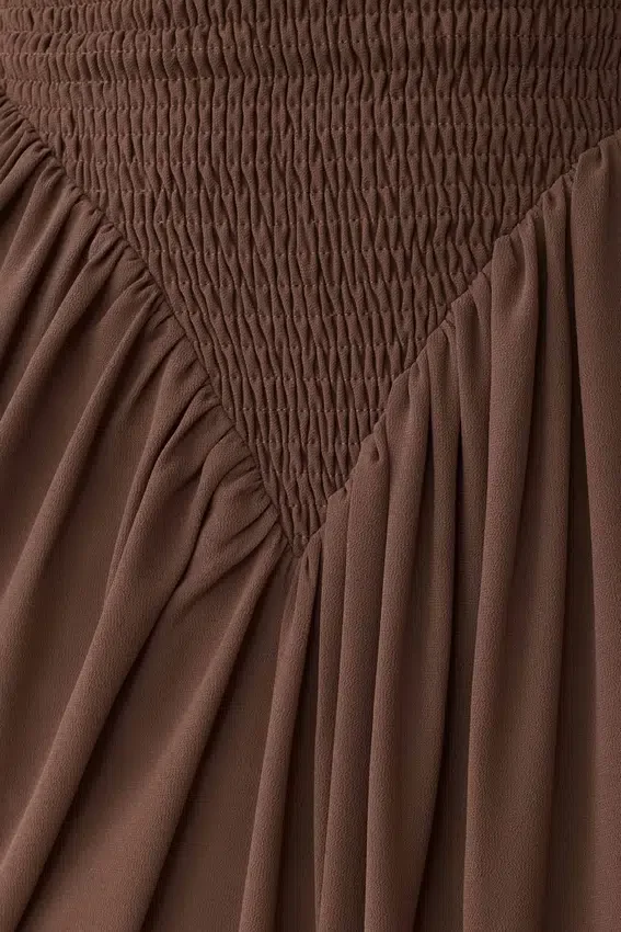 Nola Shirred Asymmetric Midi Dress – Mocha Nola Shirred Asymmetric Midi Dress – Mocha